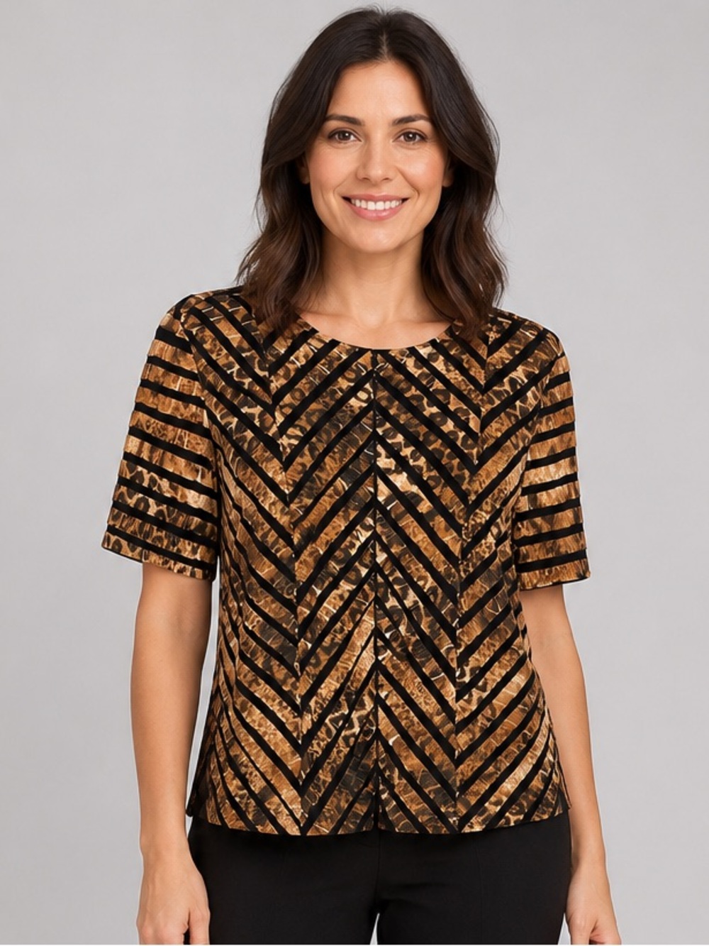 Vintage Joseph Ribkoff Animal‎ Print Short Sleeve Top Size 12 Two Way Zip